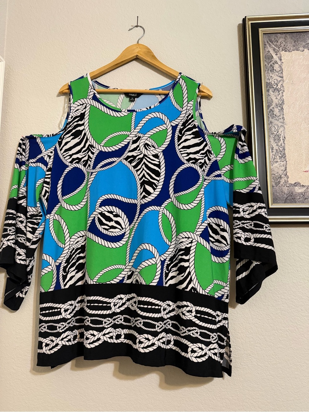 Investments Cold-Shoulder Rope & Zebra Print Blouse in Blue, Green & Black